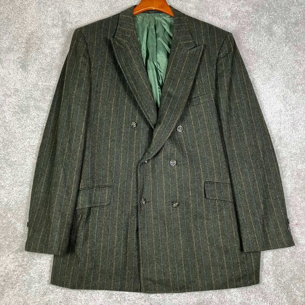 Vintage Sport Coat Mens Herringbone Pinstripe Double Breasted Blazer Green PEAK!